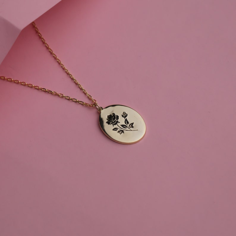 Personalized 14K Gold Birthflower Necklace, Engraved Month Charm, Custom Floral Jewelry, Unique Birthday Gift, Customized Botanical Necklace image 6