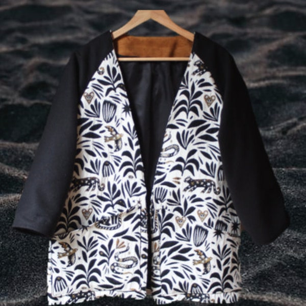 Veste Kimono mi-longue fait main chats & serpents