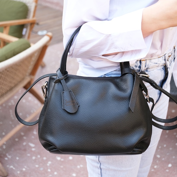 Black Leather Bag Women- Minimalist Leather Bag- Work Bag Women- 100% Genuine Leather Bag with Personalized Leather Keychain
