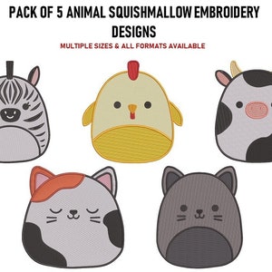 May include: Pack of 5 animal squishmallow embroidery designs. The designs include a zebra, a chicken, a cow, a cat, and a black cat. The designs are all in a cartoon style and are perfect for embroidery projects.
