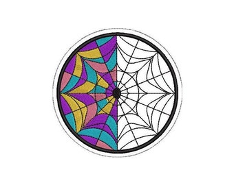 May include: A circular embroidered patch featuring a half-stained glass design and a half-spiderweb design. The stained glass section has segments of purple, yellow, pink, and teal. The spiderweb section is black and white.