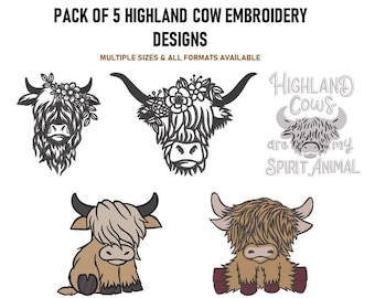 Highland Cow Machine Embroidery Design Pack of five Highland Cow Embroidery Design Baby Highland Cow Highland Outline Instant Download