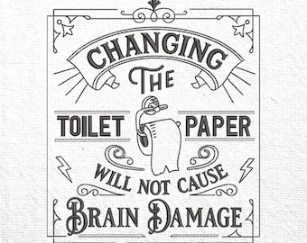 Diseño divertido de bordado de papel higiénico Diseño divertido de bordado de baño Diseño divertido de bordado de cita Diseño humorístico de bordado de baño