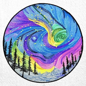 May include: Circular embroidered artwork depicting a vibrant night sky scene. The design features swirling blues, purples, and yellows, with a forest silhouette at the bottom. The artwork is framed by a black border and set against a white background.