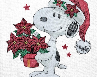 Julhund med julstjärna broderidesign Julstjärna växt broderimönster Xmax hund tecknad broderi Jul Snoopy broderi