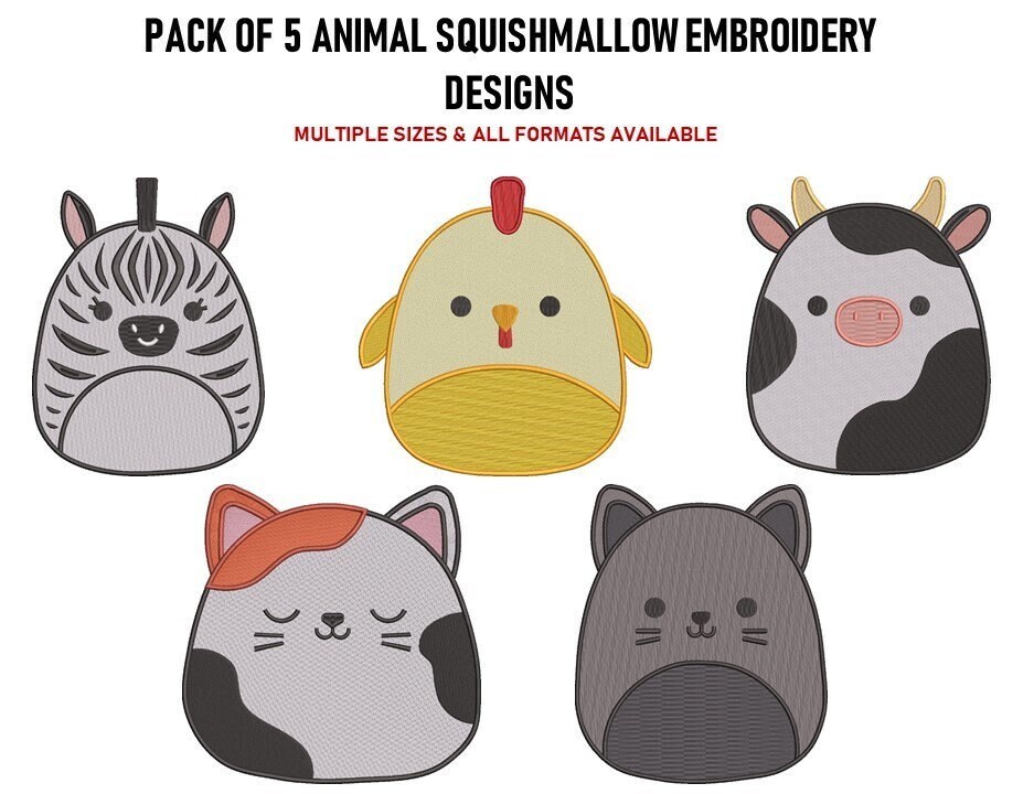 Squishmallow Machine Embroidery Design Pack Of five Animal Squishmallow Embroidery Design Squishmallow DST PES File Instant Digital download