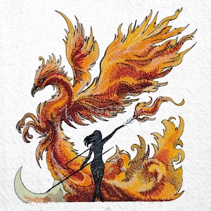 May include: An embroidered patch featuring a large phoenix with vibrant orange, red, and yellow threadwork. A black silhouette of a person stands in the foreground, holding a long staff that extends toward the phoenix's wing amidst flames.