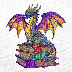 May include: A blue, yellow, and purple dragon with wings sits on top of a stack of four books. The books are brown, red, green, and purple.