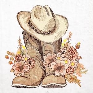 Western Boots Cowgirl Broderidesign Boho Blommig Cowboyhatt Mönster För Demin - 7 Storlekar