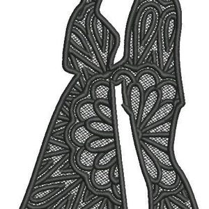 May include: Black and white silhouette of a couple in a stylized design. The couple is standing close together, with the woman on the left and the man on the right. The design is intricate and detailed, with a floral pattern throughout.