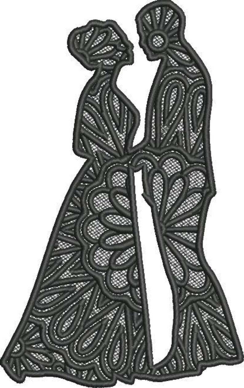 May include: Black and white silhouette of a couple in a stylized design. The couple is standing close together, with the woman on the left and the man on the right. The design is intricate and detailed, with a floral pattern throughout.