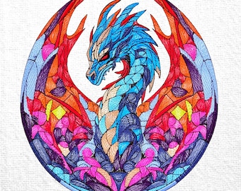 Fantasy Dragon Embroidery Design Dragon Embroidery File Mythical Dragon Machine Embroidery Design Stained Glass Dragon Embroidery Pattern