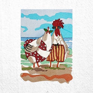 Cute Chicken Couple Machine Embroidery Design Funny Rooster Embroidery Pattern Hen Embroidery File Chicken on Beach Machine Embroidery file