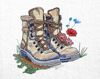 Hiking Boots with Wildflowers Machine Embroidery Design Floral Boot Embroidery Pattern Nature Lover's Boots and Flowers Machine Embroidery