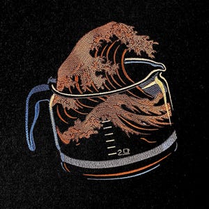 May include: A black coffee pot with a wave design in brown, orange, and yellow. The pot has a glass carafe and a handle.