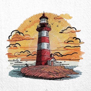 Lighthouse Machine Embroidery Design Seaside Lighthouse Design Ocean Sunset Embroidery Design Coastal  Design Seascape Embroidery Design