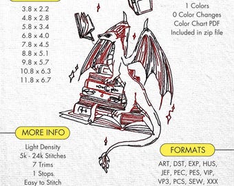 Ex Libris Dragon Machine Embroidery Book Dragon Embroidery Design Reading Dragon Machine Embroidery File Fantasy Bookish Embroidery Pattern