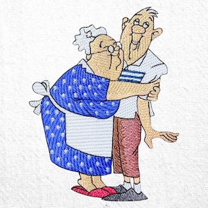 Może przedstawiać: Haftowany obrazek pary z kreskówek obejmujących się. Kobieta ma na sobie niebieską sukienkę w białe grochy, biały fartuch i różowe kapcie. Mężczyzna ma na sobie białą koszulę z niebieskimi paskami i brązowe spodnie. Obrazek jest na białym tle.