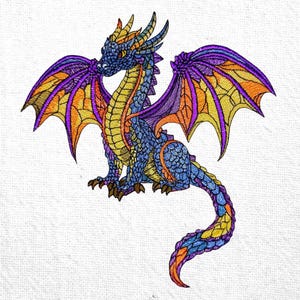 Motif de broderie machine Dragon coloré, créature mythique fantastique