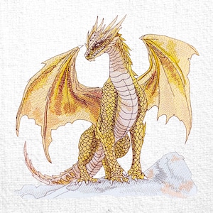 May include: Embroidered image of a golden dragon with detailed scales, wings, and a long tail. The dragon is perched on a light gray rock, with its wings spread. The dragon's body is a mix of gold and brown hues, creating a textured appearance.
