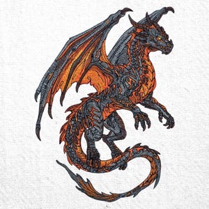 Disegno da ricamo drago infuocato arancione e grigio, schema da ricamo drago feroce, file da ricamo a macchina drago fantasy, download immediato