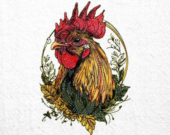 May include: Embroidered rooster design with a red comb and wattle, yellow and brown feathers, and a green and yellow floral border. The rooster is set against a white background.