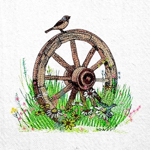 Floral Wagon Wheel Embroidery Design Wheel Wreath Embroidery Pattern Cart Wheel Embroidery Design Wooden Wheel Embroidery File Bird on Wheel