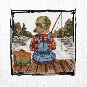 Boy fishing scene embroidery design nature embroidery file lakeside fishing embroidery pattern lake View kid fish machine embroidery design