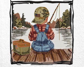 Broderidesign för pojkefiskemotiv naturbroderifil broderimönster för sjöfiske vid sjön Sjöutsikt Barnfiskmaskinbroderidesign
