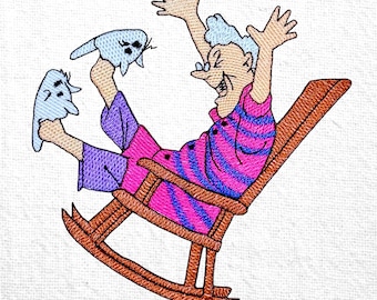 Diseño de bordado a máquina de abuela en mecedora Patrón de bordado de mecedora de anciana Archivos de bordado de abuela Descarga instantánea
