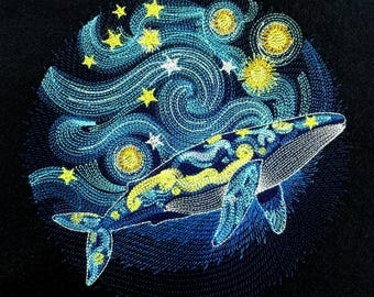 天空のクジラの手刺繍パターン、星と花のあるシロナガスクジラ、花の