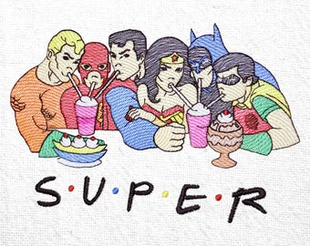 Diseño de bordado a máquina de superhéroes, patrón de bordado de cómics, archivo de bordado del equipo de superhéroes para niños, patrón de bordado de dibujos animados clásicos