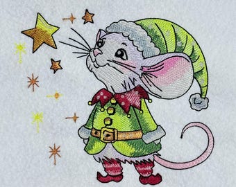Christmas Elf Mouse Machine Embroidery Design Whimsical Holiday Critter Pattern Festive Animal File