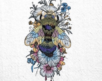 May include: Embroidered design of a bee surrounded by colorful flowers. The bee has a detailed pattern with yellow, blue, and purple wings. The flowers include white, pink, and blue blossoms, creating a vibrant and detailed floral design.