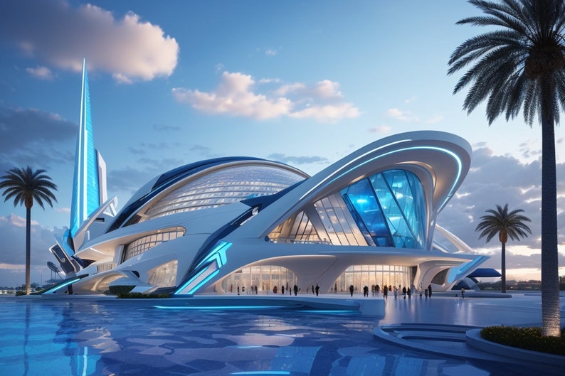 Op de afbeelding: Een futuristisch gebouw met een witte en blauwe buitenkant, met een grote, gebogen glazen gevel en een hoge, slanke toren. Het gebouw wordt omringd door een reflecterend zwembad en palmbomen.