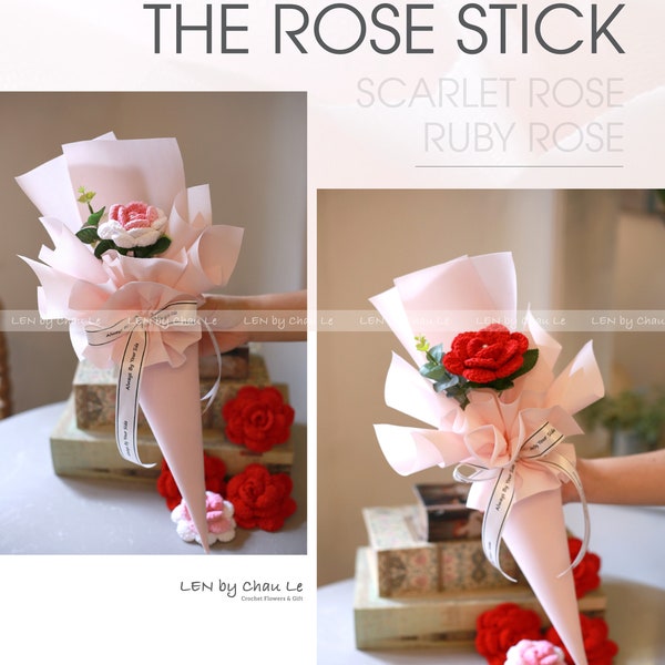 Handmade craft crochet knitted rose flower bouquet rose stick special gift idea for her size S