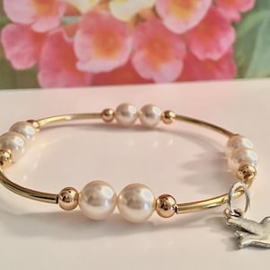 Dainty 14K Gold Plated Sterling Blessing Pearls Bracelet, Smaller pearls with double the blessings. Dove Charm - symbol peace love hope
