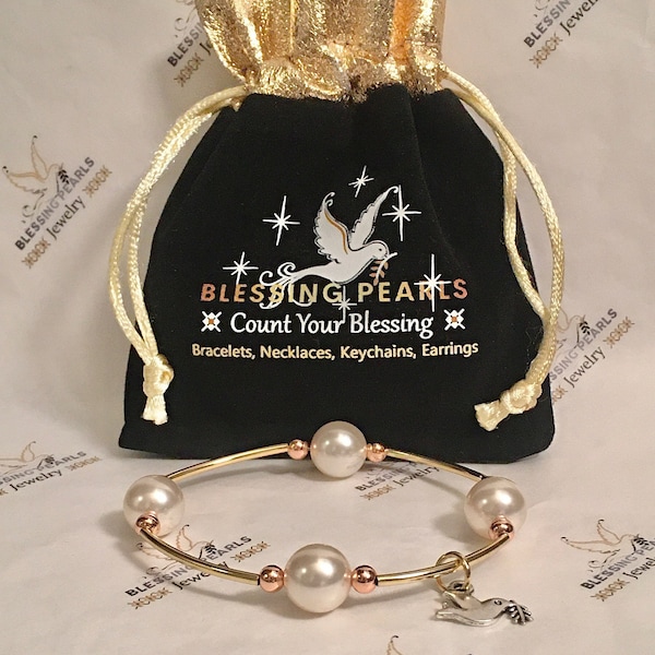14K Gold Plated Blessing Pearls Bracelet, Creamy White Crystal Pearls, Gold Plated Rose Gold Beads, a dove symbol of peace, love, prosperity