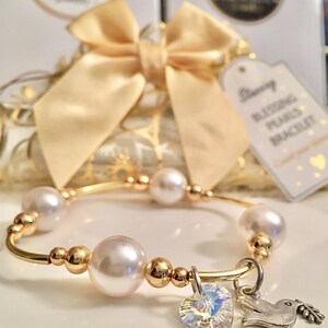Elegant! 14K Gold Plate Over Sterling Blessing Pearl Bracelet, White Crystal Pearls, Swarovski Crystal Heart, Love Care Gift Friend Any One