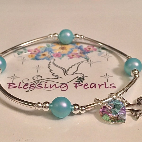 Minimalist 925 Sterling Silver Blessing Pearls Bracelet, Aqua Blue Pearls, Stunning Swarovski Crystal, Dove -a symbol of peace love hope