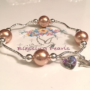 New Wave Sparkle Blessing Pearl Bracelet Unique Cut & Shine, Rose Gold Crystal Pearls, Swarovski Crystal Heart,  Dove peace love  prosperity