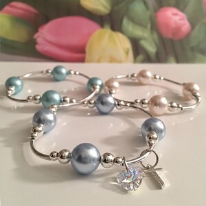 Sterling Blessing Pearl Bracelet Cross Swarovski Crystal, Luscious White, Blue Ice or Aquafrost Pearls.  Click "BlessingPearls"  view more!