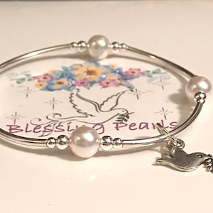 Minimalist 925 Sterling Silver Blessing Pearls Bracelet, White Crystal Pearls,  Dove -a symbol of peace, love, hope. Great for stacking.