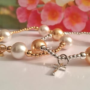Blessing Beads Bracelet, Silver Gold Cross and Beads, White Gold Crystal Pearls, Dazzling Sparkle & Shine, Mothers Day Gift, Birthday Anyday