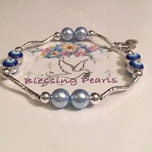 New Wave Sparkle Blessing Pearl Bracelet Unique Cut Shine, Blue Ice Crystal Pearl, Turkish Eye Beads Protection,, Dove peace love prosperity