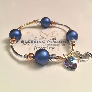 Elegant! Mixed Metals Sterling Silver & 14K Gold Plate over Sterling Silver, Blessing Pearl Bracelet, Sparkling Swarovski Heart, Shimmering