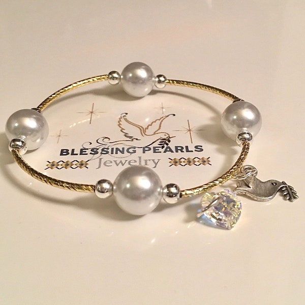 Sparkle Glam 18K Gold Plated Blessing Pearls Bracelet, Creamy White Crystal Pearls, a dove - a symbol of peace, love, hope, prosperity