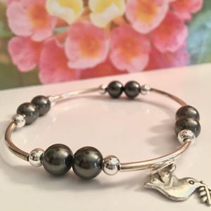 Dainty 925 Sterling Silver Blessing Pearls Bracelet, Smaller pearls double blessings, Black Satin Crystal Pearls, Dove of peace love hope