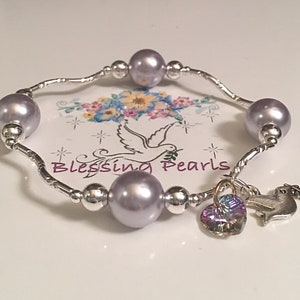 New Wave Sparkle Blessing Pearl Bracelet Unique Cut & Shine, Lavender Silver Crystal Pearls, Swarovski Heart,  Dove peace love  prosperity