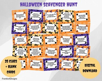 May include: A set of 25 Halloween scavenger hunt clue cards with a black cat, cauldron, and spider web design. The cards are printed on orange and purple paper with a black and white design. The text on the cards reads "25 Clues + Blank Cards".